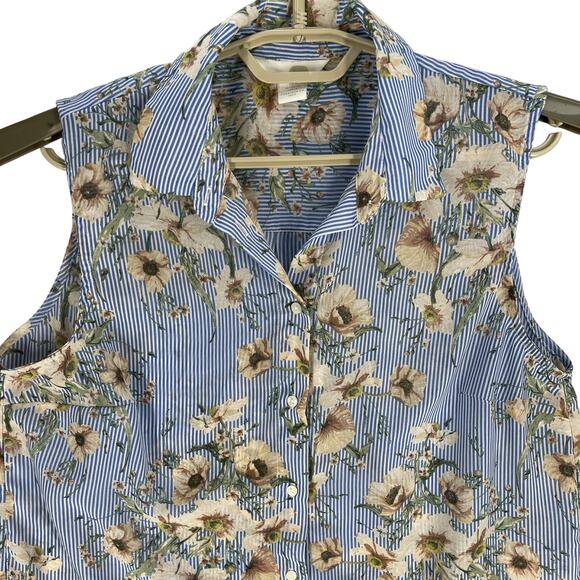 HM Blouse Size 8 Blue White Floral All Over Print Sleeveless Button Up Preppy - Picture 1 of 7